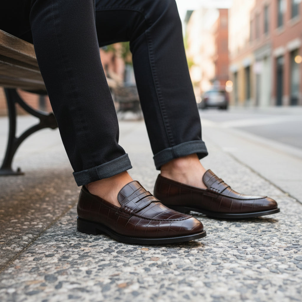 model-sitting - Men's Brown Moc-Toe Leather Loafers