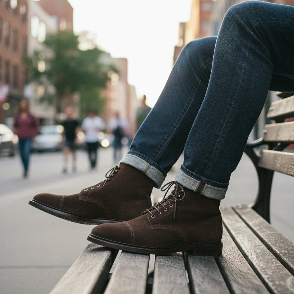 model-sitting - Men's Brown Suede Lace-Up Ankle Boots