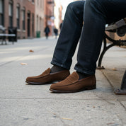 model-sitting - Men's Brown Suede Moccasin Loafers