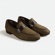 model-sitting - Men's Brown Suede Moccasin Loafers