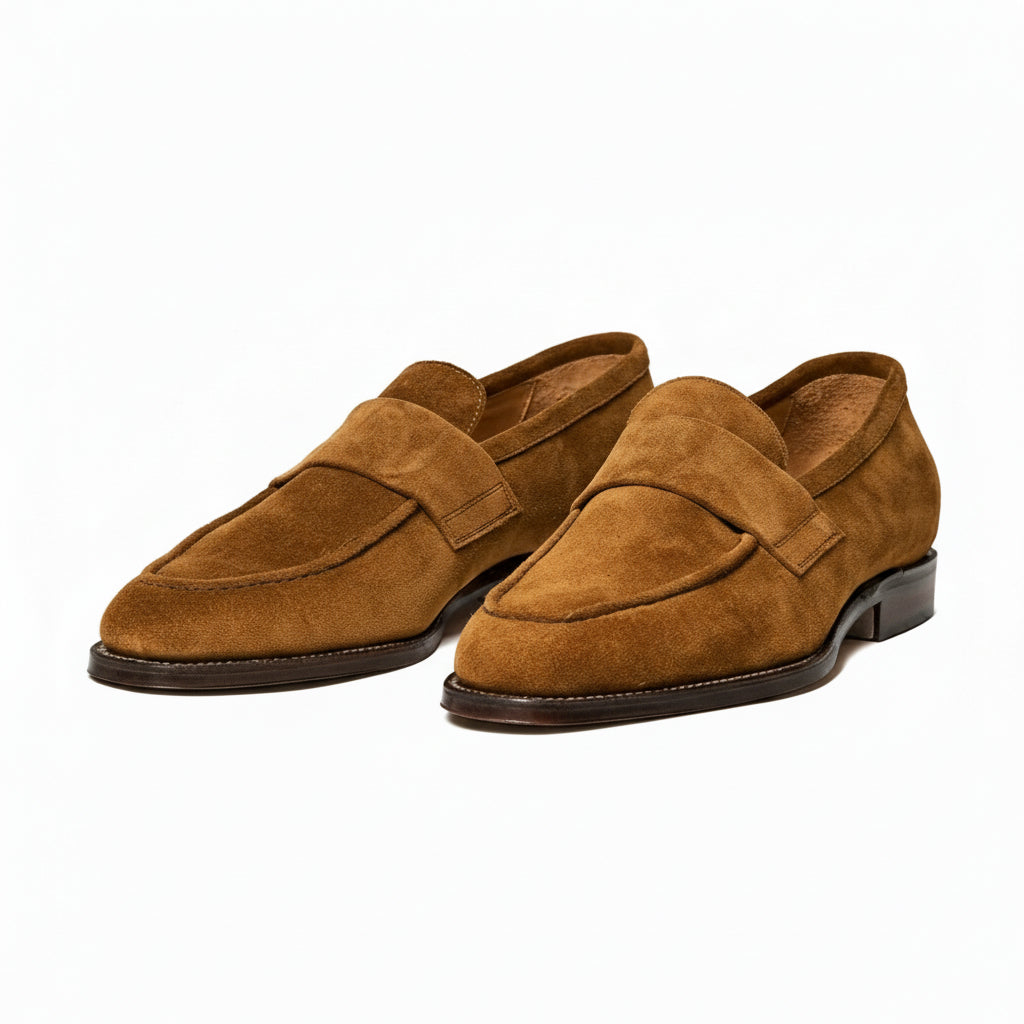 model-sitting - Men's Brown Suede Penny Loafers