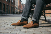 model-sitting - Men's Brown Suede Penny Loafers