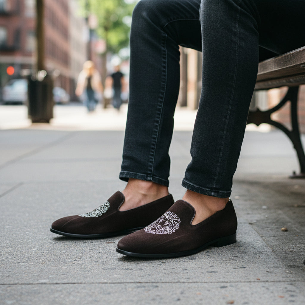 model-sitting - Men's Brown Velvet Loafers