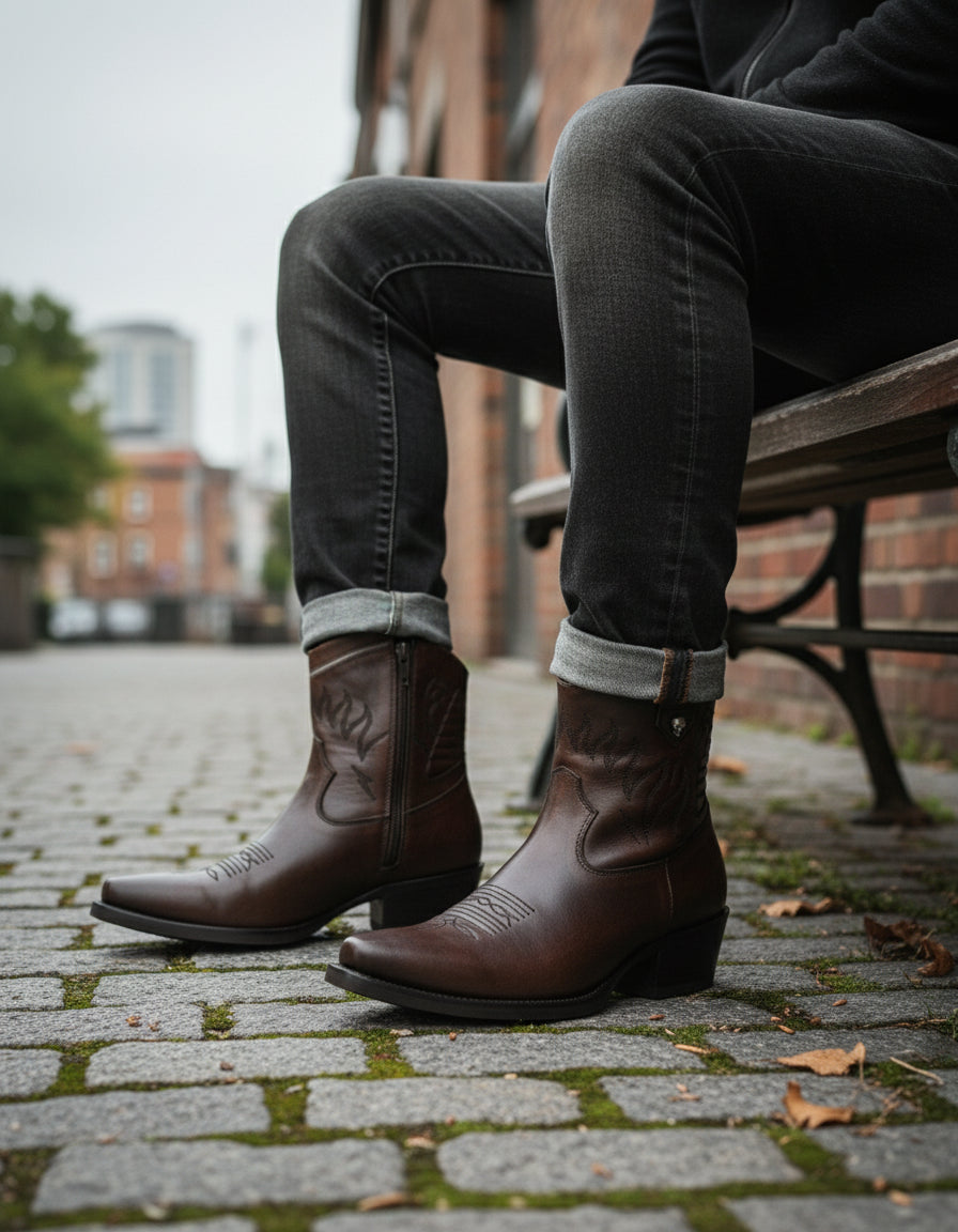 model-sitting - Men's Brown Western Cowboy Leather Boots