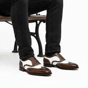 model-sitting - Men's Brown & White Leather Spectator Shoes