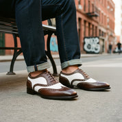 model-sitting - Men's Brown & White Leather Spectator Shoes