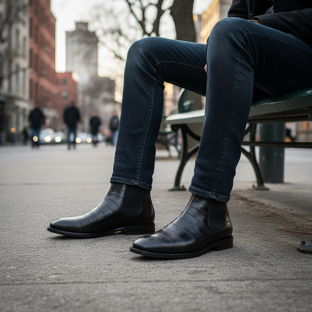 model-sitting - Men's Embossed Crocodile Leather Chelsea Boots