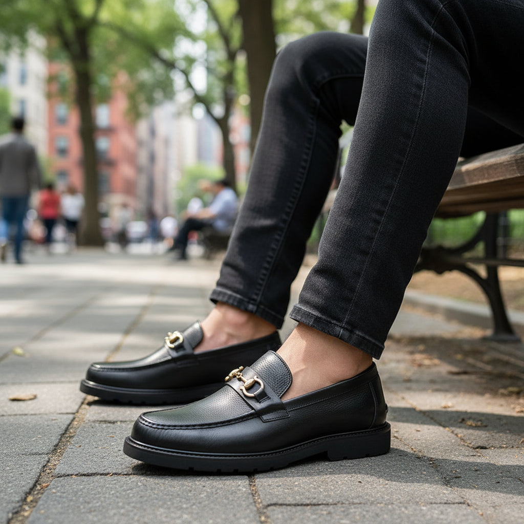 model-sitting - Men's Glossy Leather Slip-Ons