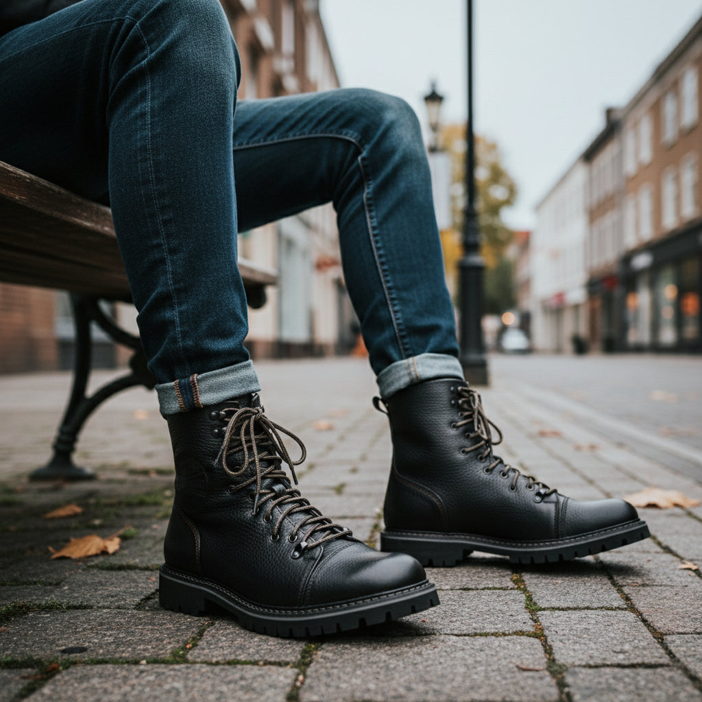 model-sitting - Men's High Ankle Biker Leather Boots