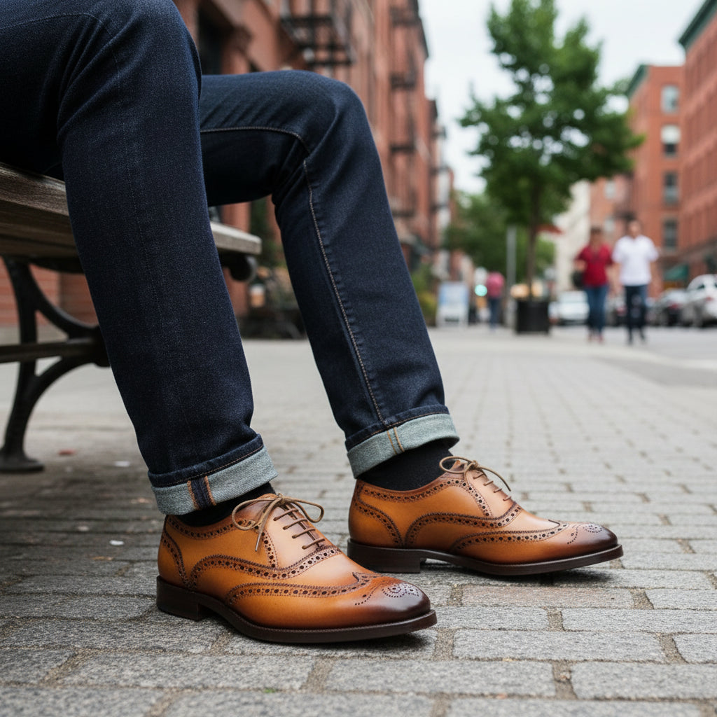 model-sitting - Men's Tan Leather Brogue Dress Shoes