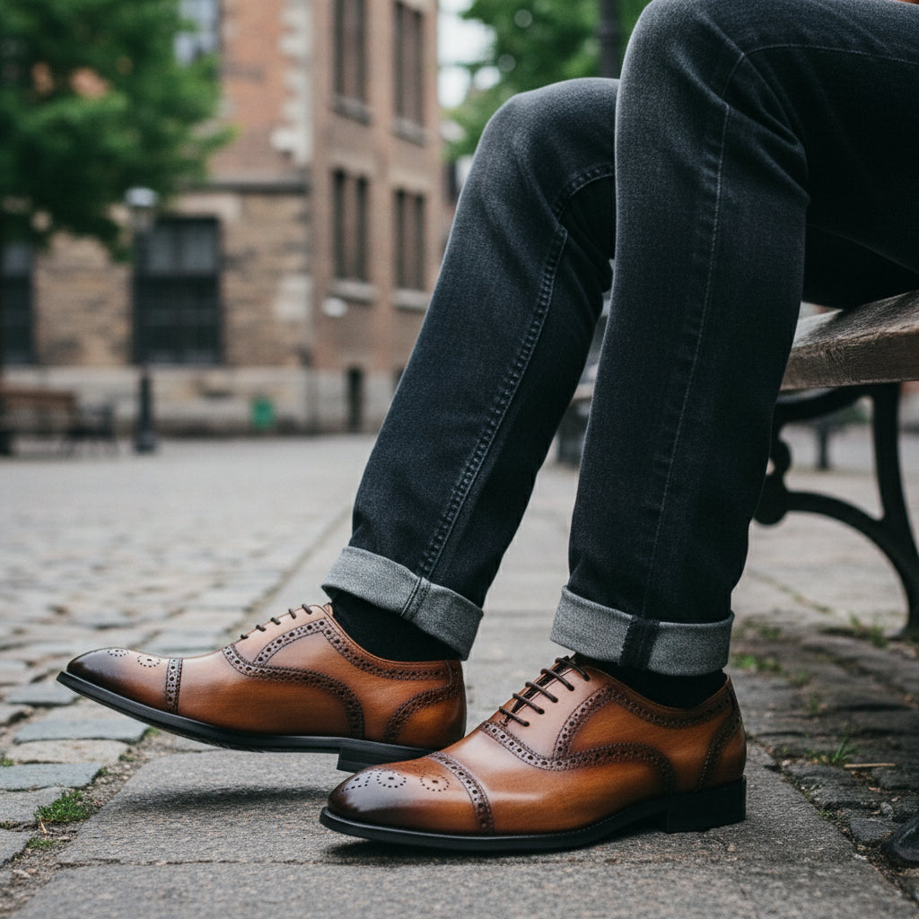 model-sitting - Men's Tan Leather Brogue Oxford Shoes