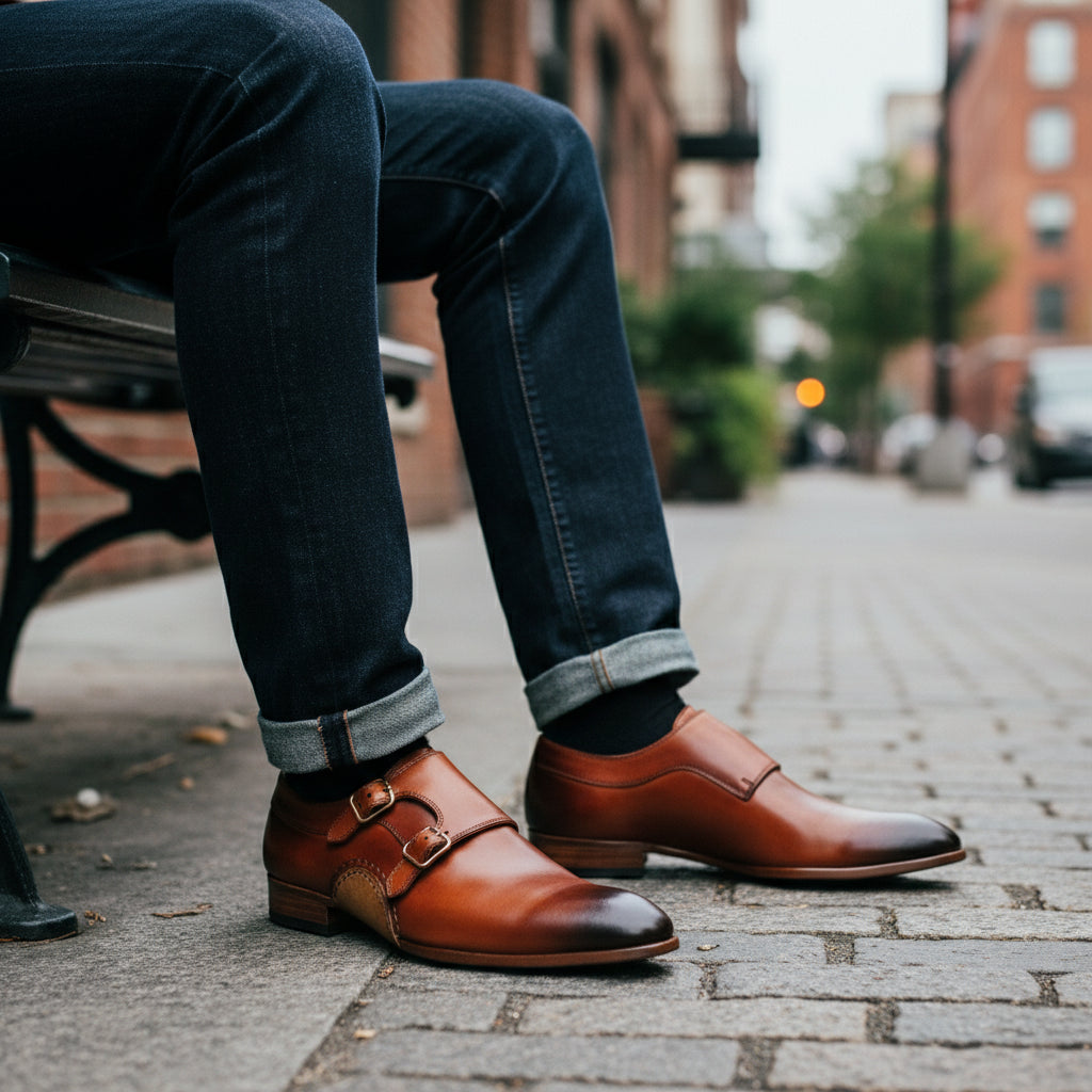 model-sitting - Men's Tan Leather Double Buckle Oxfords