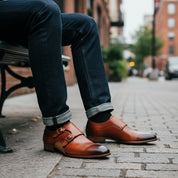 model-sitting - Men's Tan Leather Double Buckle Oxfords