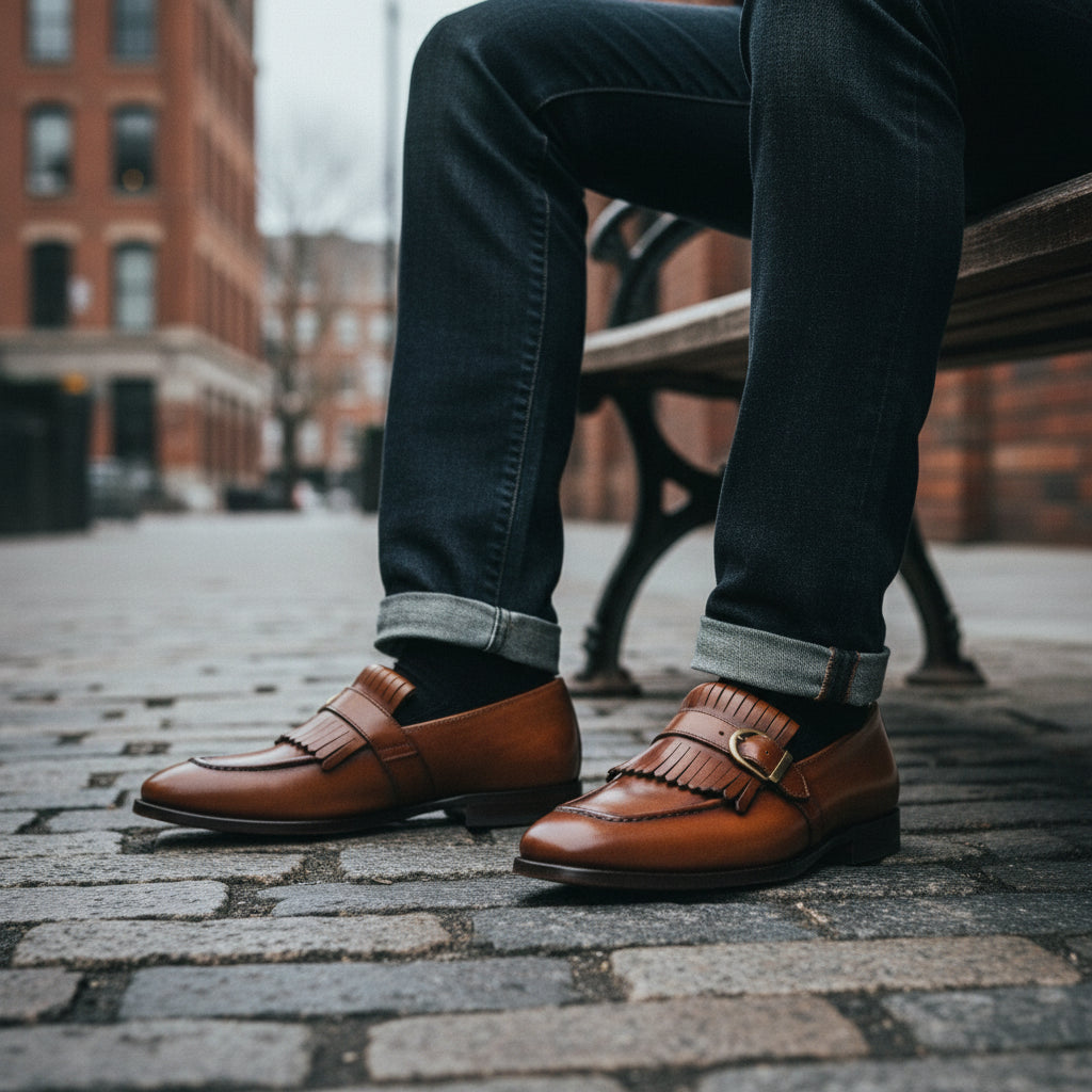 model-sitting - Men's Tan Leather Moccasin Shoes