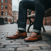 model-sitting - Men's Tan Leather Moccasin Shoes