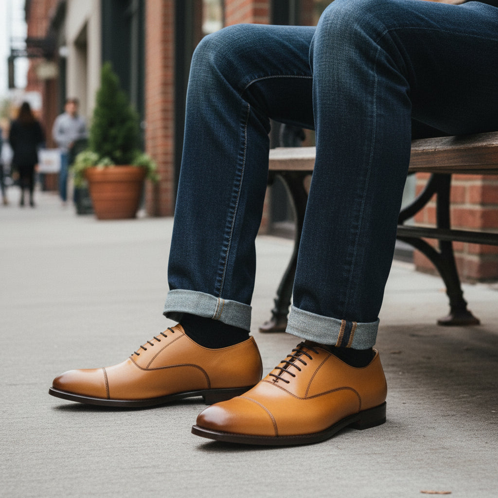 model-sitting - Men's Tan Leather Oxford Dress Shoes