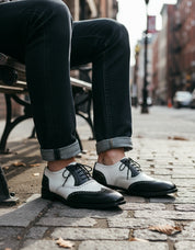 model-sitting - Men's Two Tone Leather Wingtip Dress Shoes