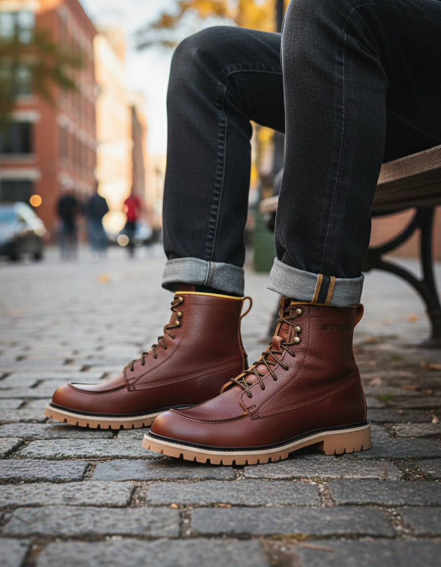 model-sitting - Men's Walnut Leather Biker Boots