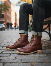 model-sitting - Men's Walnut Leather Biker Boots