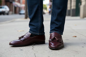 model-standing - Handmade Men Elegant Brown Fringe Shoes, Leather Penny Loafer Shoes for