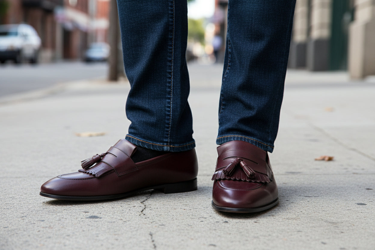 model-standing - Handmade Men Elegant Brown Fringe Shoes, Leather Penny Loafer Shoes for