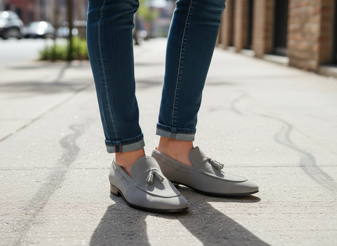 model-standing - Handmade Men Gray Suede Tassels Shoes Moccasins Loafer Driving Shoes