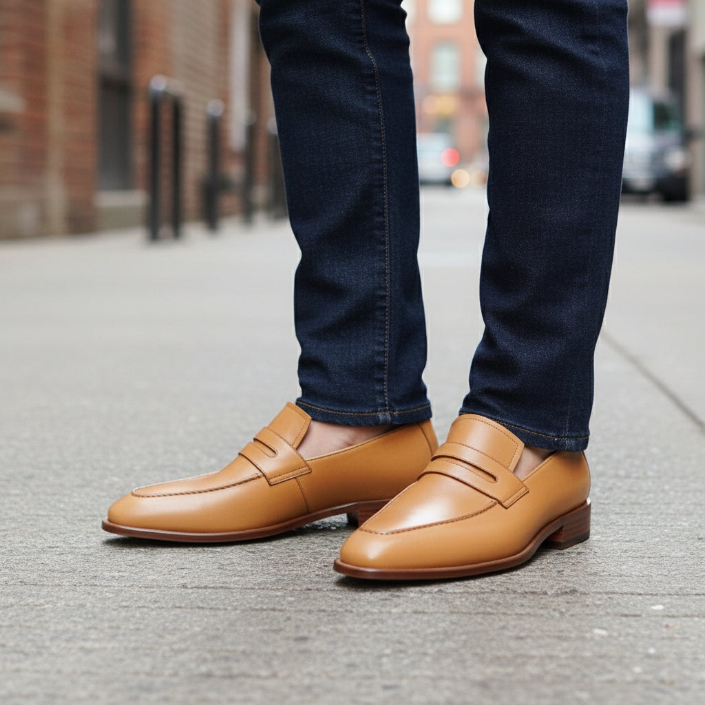 model-standing - Handmade Men Formal Shoes, Tan Color Leather Moccasins Shoes Loafer