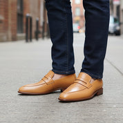 model-standing - Handmade Men Formal Shoes, Tan Color Leather Moccasins Shoes Loafer