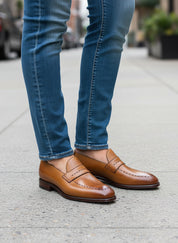 model-standing - Handmade Men Tan Brown Brogue Leather Shoes, Leather Moccasins Loafer