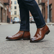 model-standing - Antique Brown Leather Biker Boots