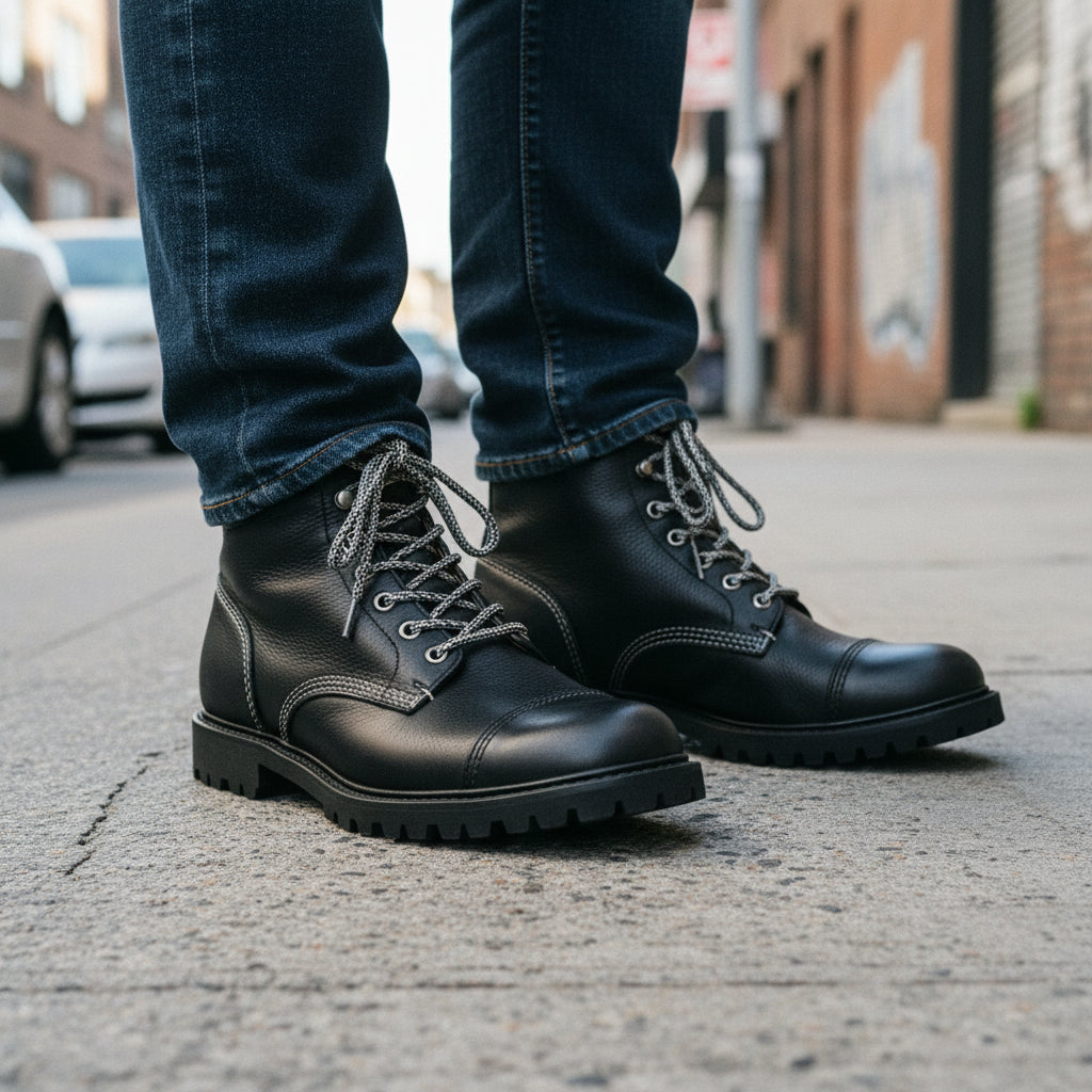 model-standing - Black Lace-Up Leather Motorcycle Boots
