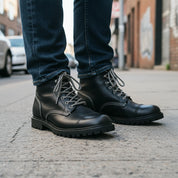model-standing - Black Lace-Up Leather Motorcycle Boots