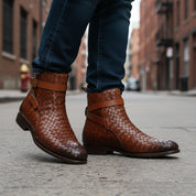 model-standing - Brown Leather Ankle Boots with Chitai Mat Pattern