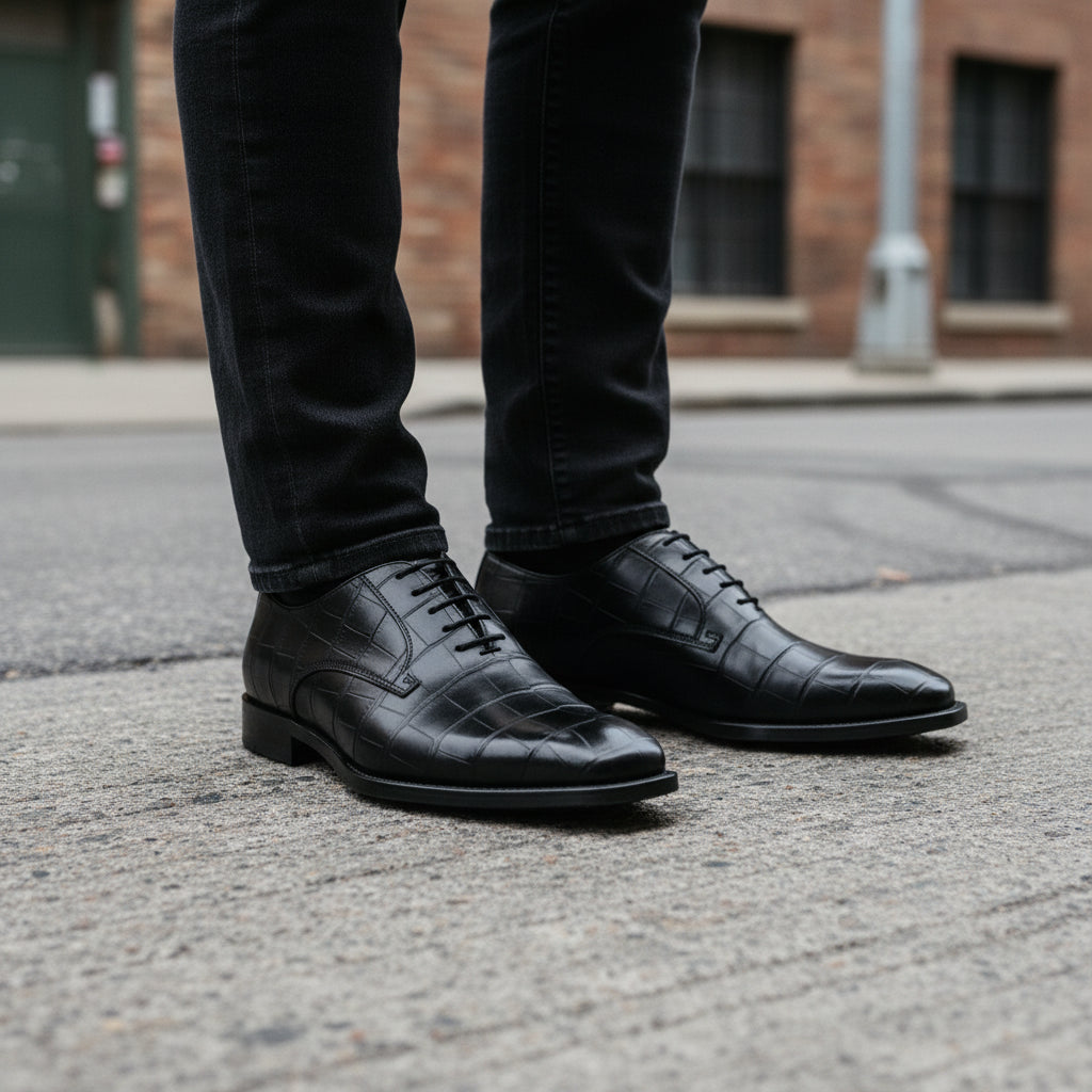 model-standing - Crocodile-Texture Black Leather Dress Shoes