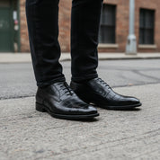 model-standing - Crocodile-Texture Black Leather Dress Shoes