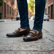 model-standing - Dark Brown Leather Moccasin Loafers with Fringe