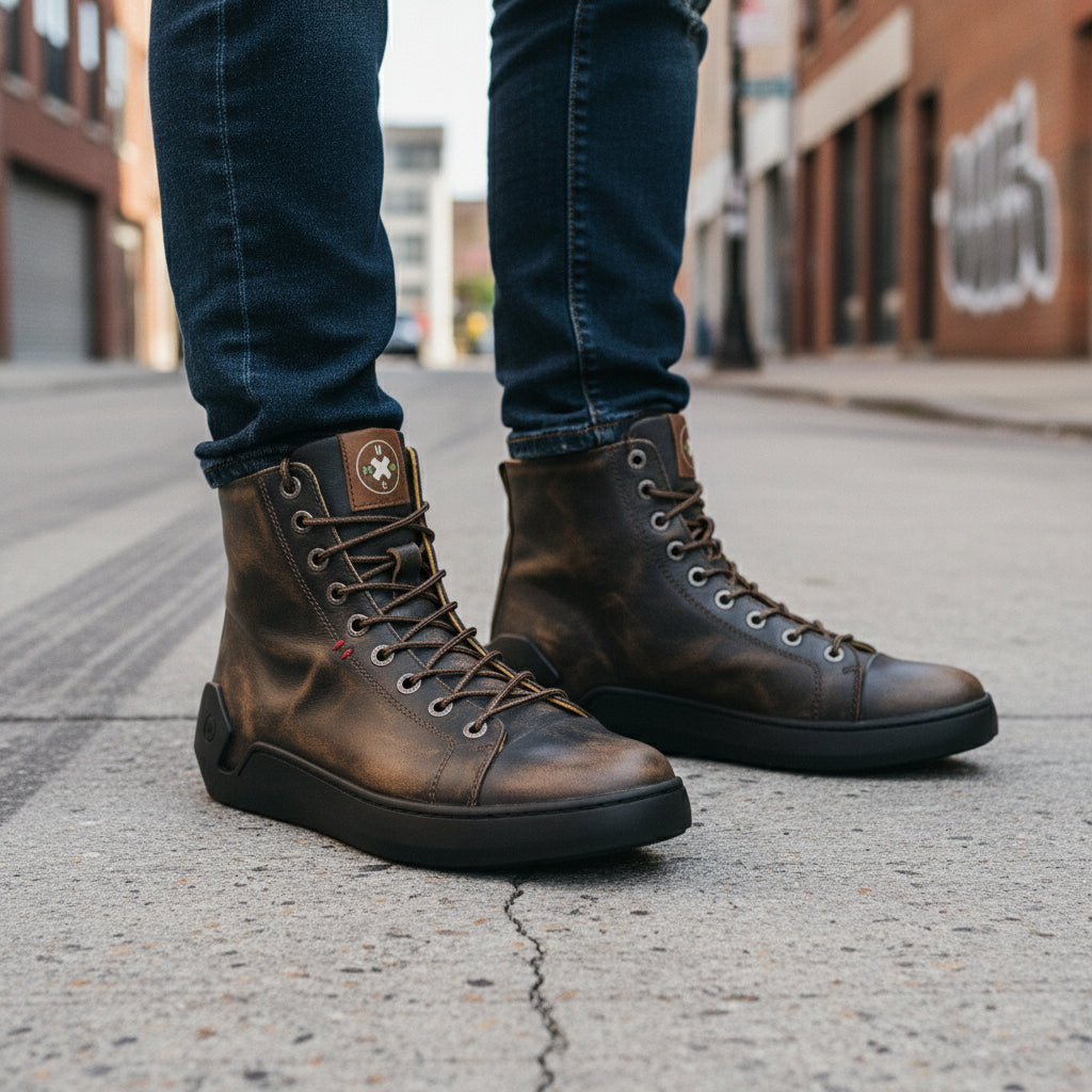model-standing - Distressed Leather Motorcycle Sneakers