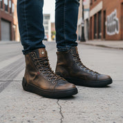 model-standing - Distressed Leather Motorcycle Sneakers