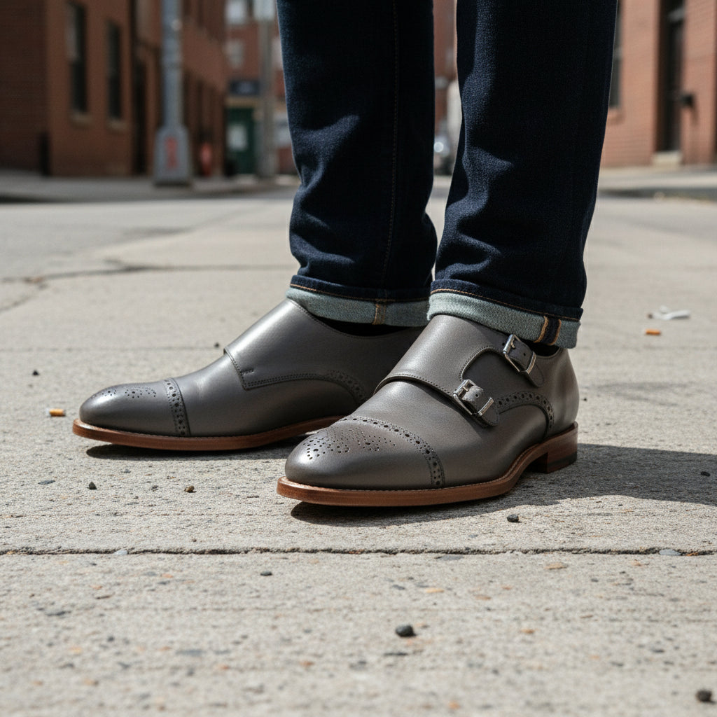 model-standing - Gray Leather Oxford Double Monk Strap Shoes with Brogue Toe Cap