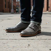 model-standing - Gray Leather Oxford Double Monk Strap Shoes with Brogue Toe Cap