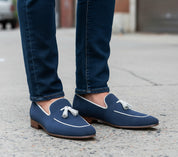 model-standing - Handmade Men Navy Blue Suede Leather Tassels Moccasins Shoes Loafer Silpons