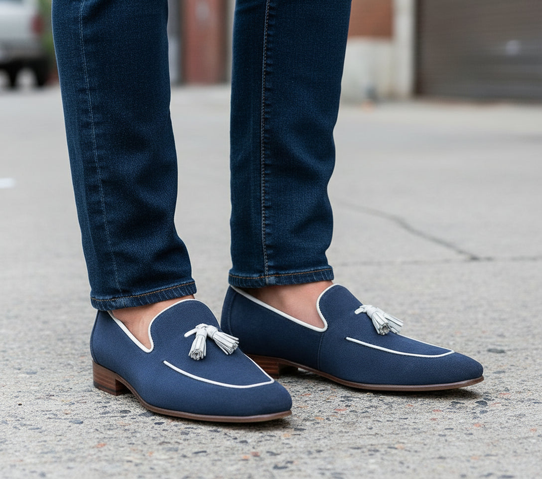 model-standing - Handmade Men Navy Blue Suede Leather Tassels Moccasins Shoes Loafer Silpons