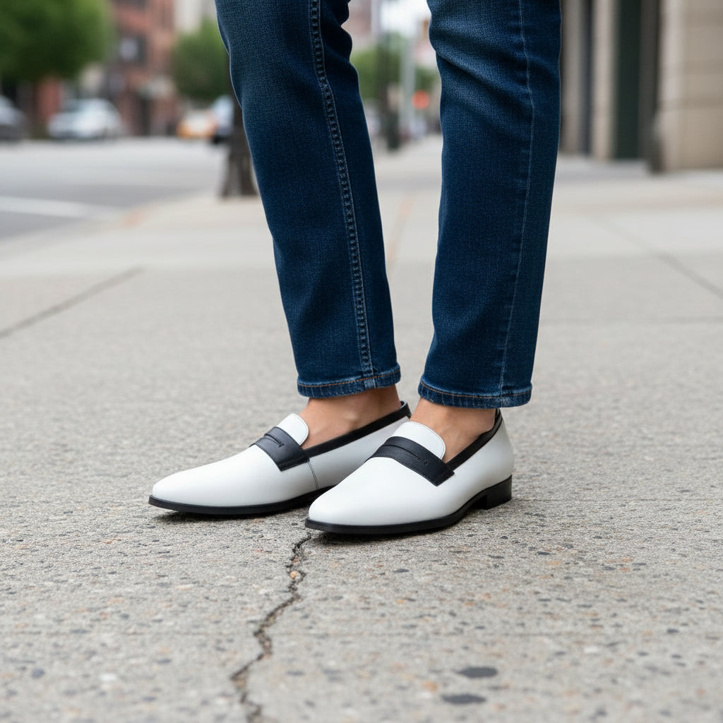 model-standing - Handmade Men Two Tone Penny Loafer Shoes, Men Spectatorleather Shoes