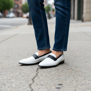 model-standing - Handmade Men Two Tone Penny Loafer Shoes, Men Spectatorleather Shoes