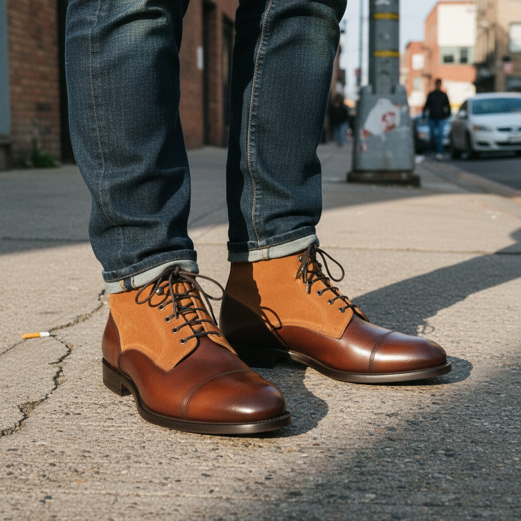 model-standing - Lace-up Ankle Boots | Brown Leather & Tan Suede