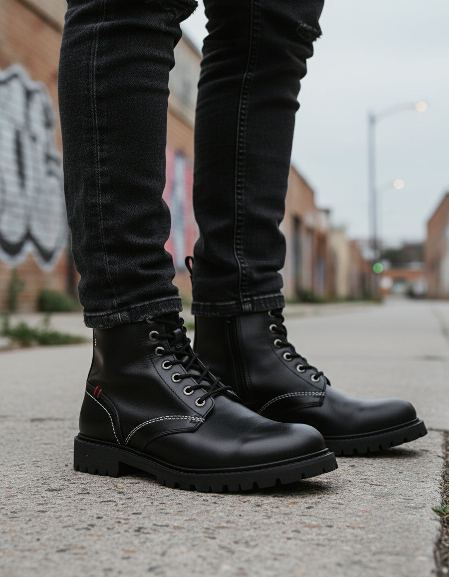 model-standing - Leather Biker Boots - Rugged Black