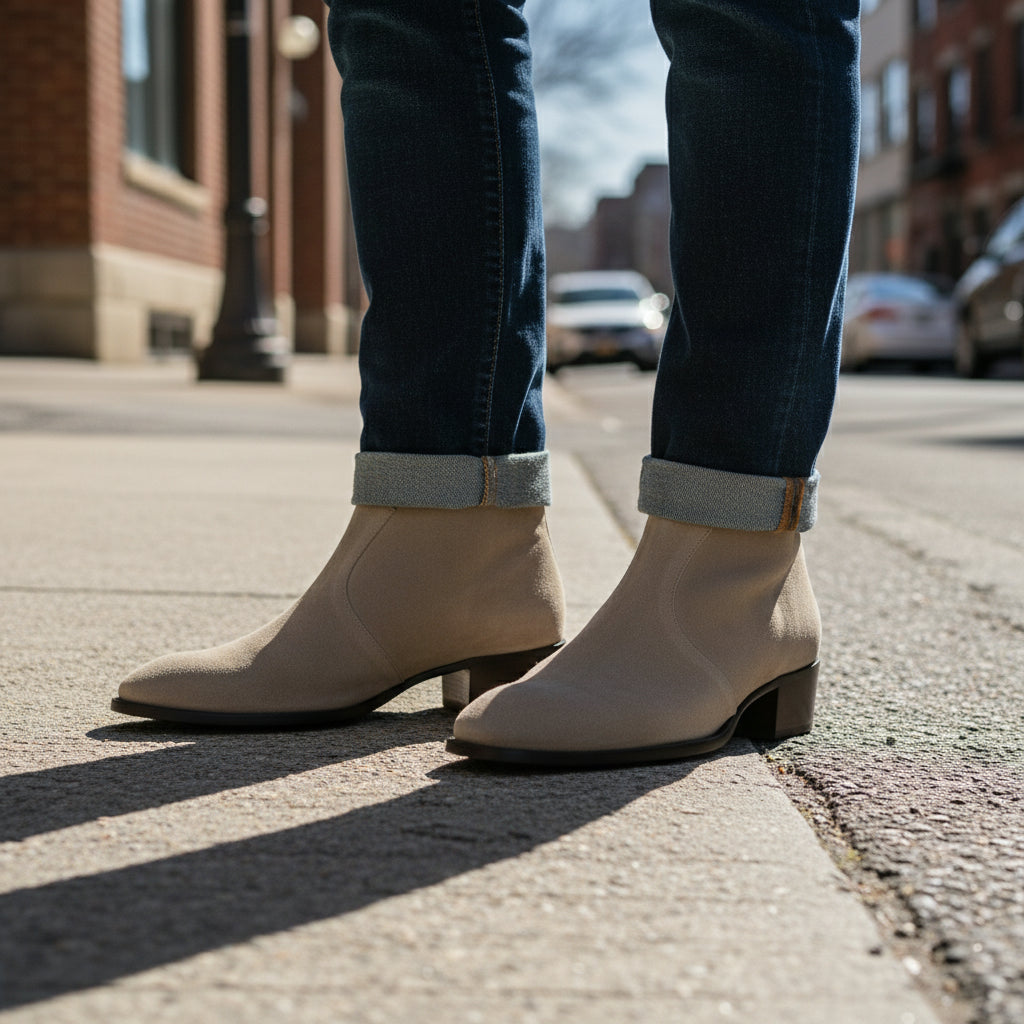 model-standing - Men's Beige Suede Ankle Boots with Zipper Closure
