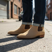 model-standing - Men's Beige Suede Chelsea Ankle Boots