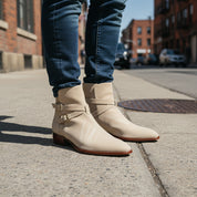 model-standing - Men's Beige Suede Jodhpurs Boots with Ankle Strap