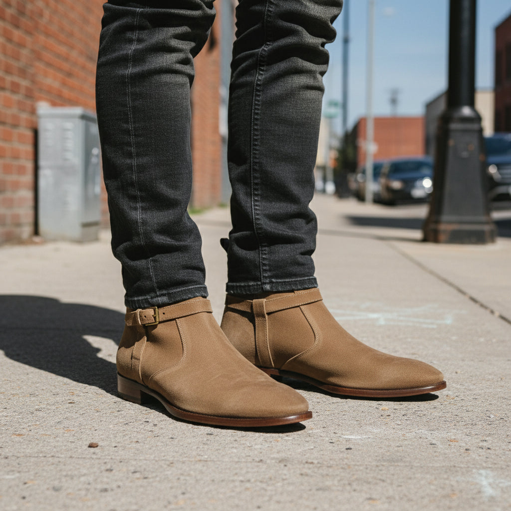 model-standing - Men's Beige Suede Jodhpurs Boots with Monk Strap Closure